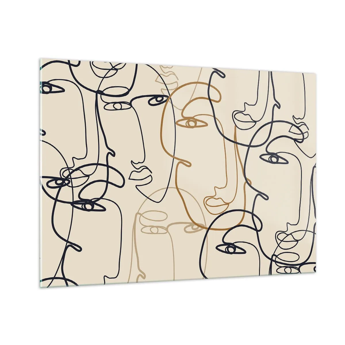 Obraz na szkle - Konturowe twarze narysowane jednym pociągnięciem na beżu - 100x70cm - Portret zwielokrotniony - Nowoczesna dekoracja ścienna do salonu, kuchni i sypialni ARTTOR