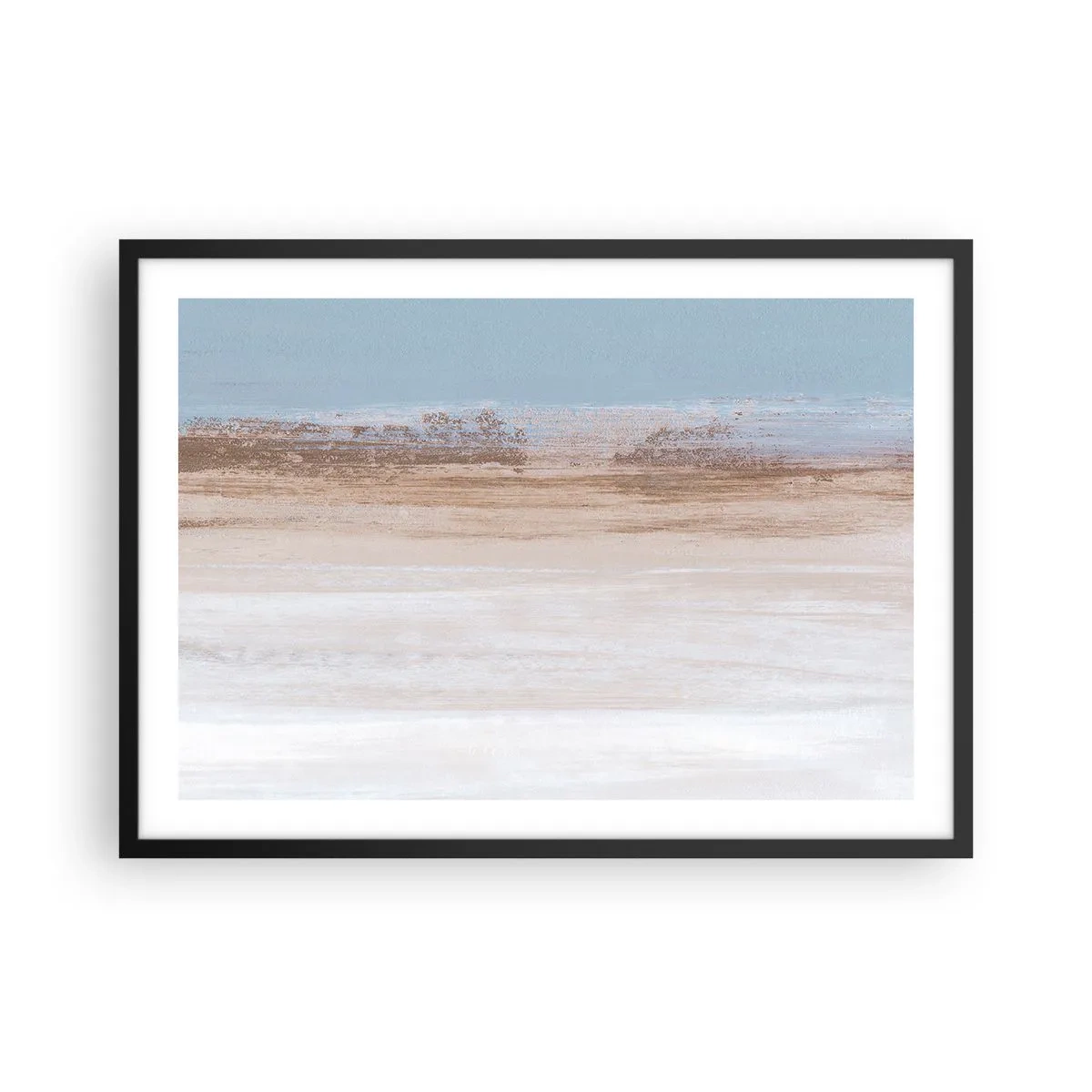 Plakat w czarnej ramie - Subtelny pejzaż w pastelowych odcieniach błękitu i beżu - 70x50cm - Niejednoznaczny pejzaż - Nowoczesna dekoracja ścienna do salonu i sypialni ARTTOR