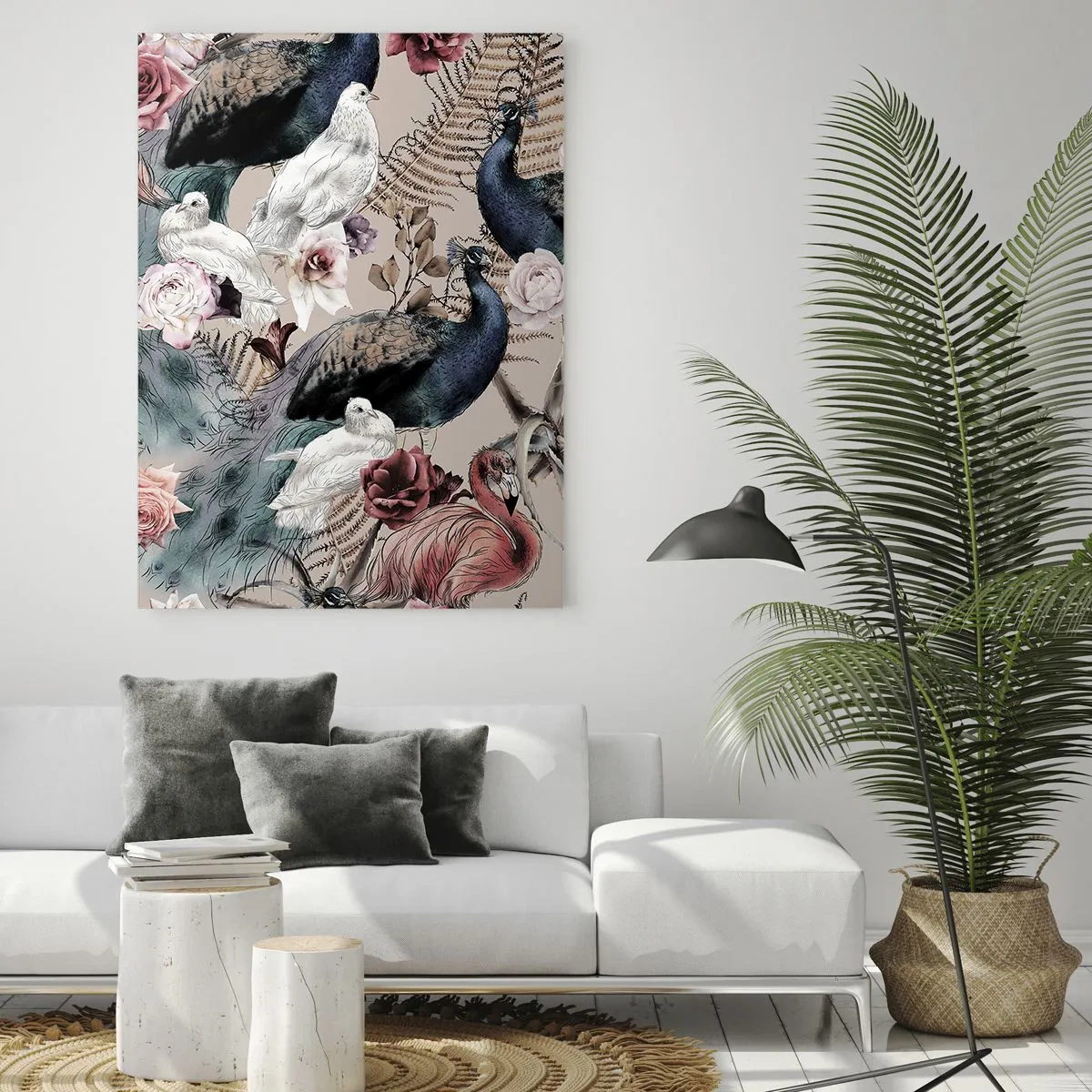 Obraz na szkle - Pawie i flamingi w otoczeniu róż i paproci - 50x70cm - W pałacowym ogrodzie - Nowoczesna dekoracja ścienna do salonu, kuchni i sypialni ARTTOR