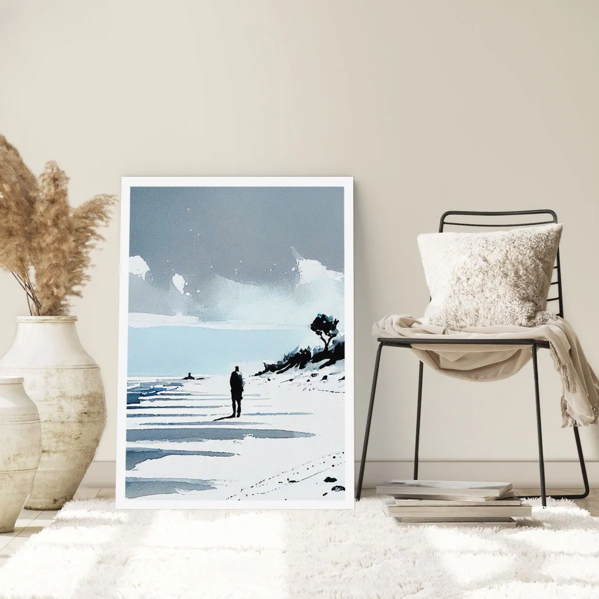Plakat - Samotna postać na plaży w akwarelowej tonacji - 50x70cm - Sam na sam - Nowoczesna dekoracja ścienna do salonu, kuchni i sypialni ARTTOR