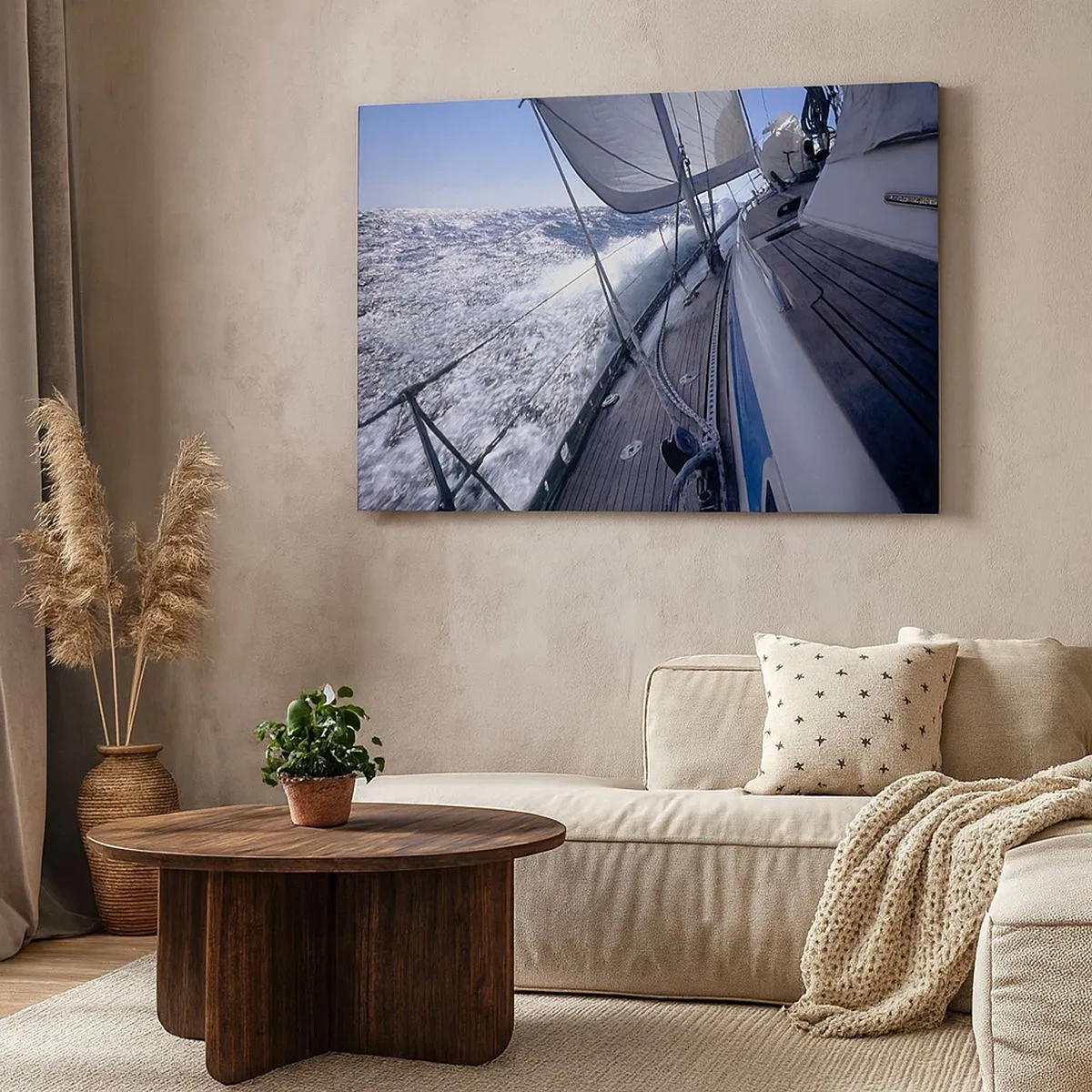 Obraz na płótnie - Żaglówka na wzburzonym morzu z białymi żaglami i drewnianym pokładem. - 70x50cm - Wiem, co to być ptakiem - Nowoczesna dekoracja ścienna do salonu i sypialni ARTTOR