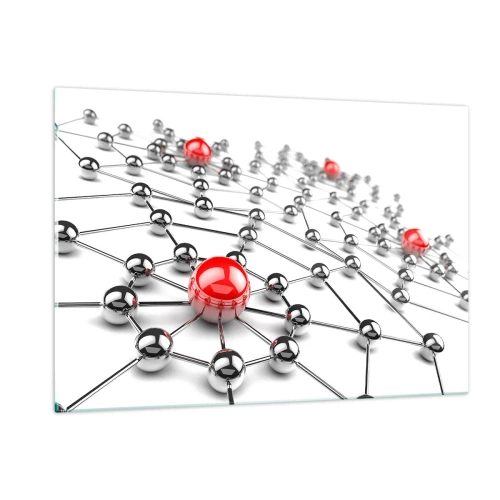 Obraz na szkle - Srebrna sieć molekuł z czerwonymi akcentami - 120x80cm - Srebrzysta sieć - Nowoczesna dekoracja ścienna do salonu, kuchni i sypialni ARTTOR