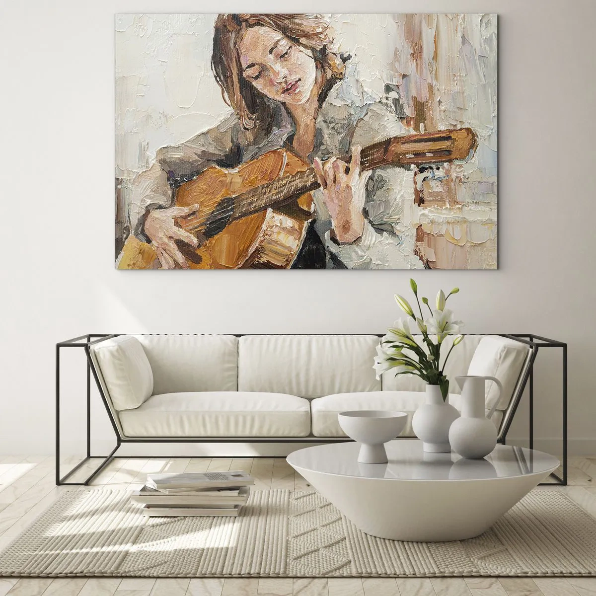 Obraz na szkle - Dziewczyna grająca na gitarze w impresjonistycznym stylu - 70x50cm - Koncert na gitarę i dziewczęce serce - Nowoczesna dekoracja ścienna do salonu i sypialni ARTTOR