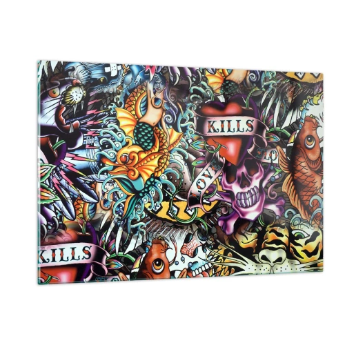 Obraz na szkle - Kolorowa kompozycja wzorów inspirowanych sztuką tatuażu - 120x80cm - Sen tatuażysty - Nowoczesna dekoracja ścienna do salonu, kuchni i sypialni ARTTOR