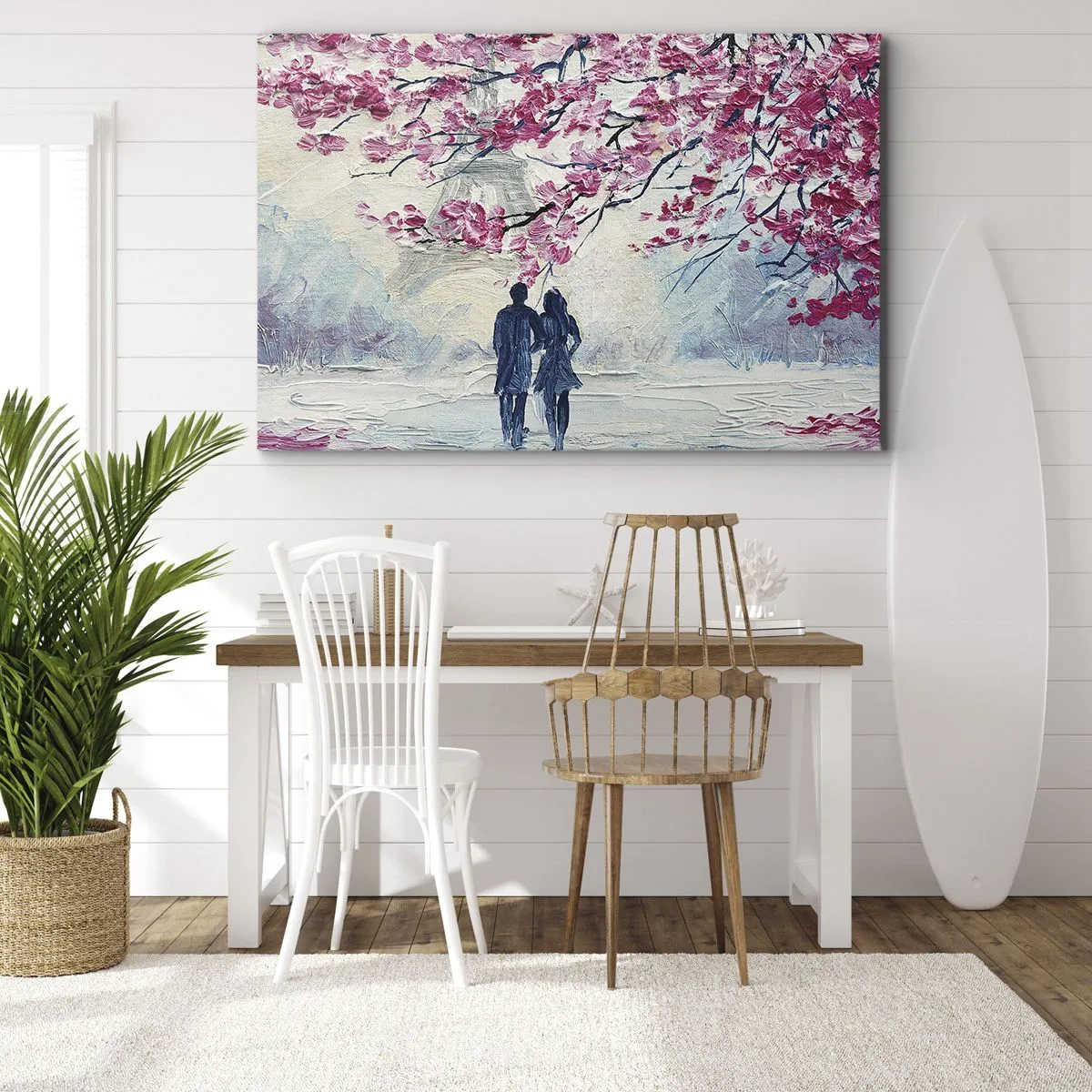 Obraz na płótnie - Para pod kwitnącymi różowymi drzewami w romantycznej scenerii - 70x50cm - Romantyczny spacer - Nowoczesna dekoracja ścienna do salonu i sypialni ARTTOR