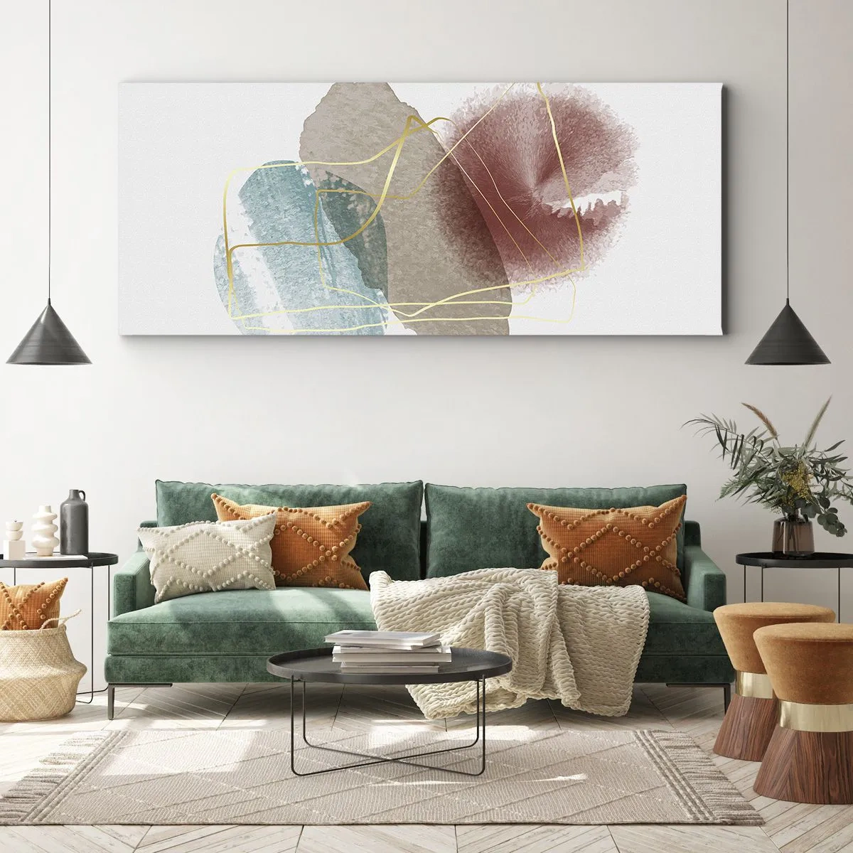 Obraz na płótnie - Abstrakcyjne formy z delikatnymi kolorami i złotymi liniami - 160x50cm - Korale przestrzeni - Nowoczesna dekoracja ścienna do salonu i sypialni ARTTOR