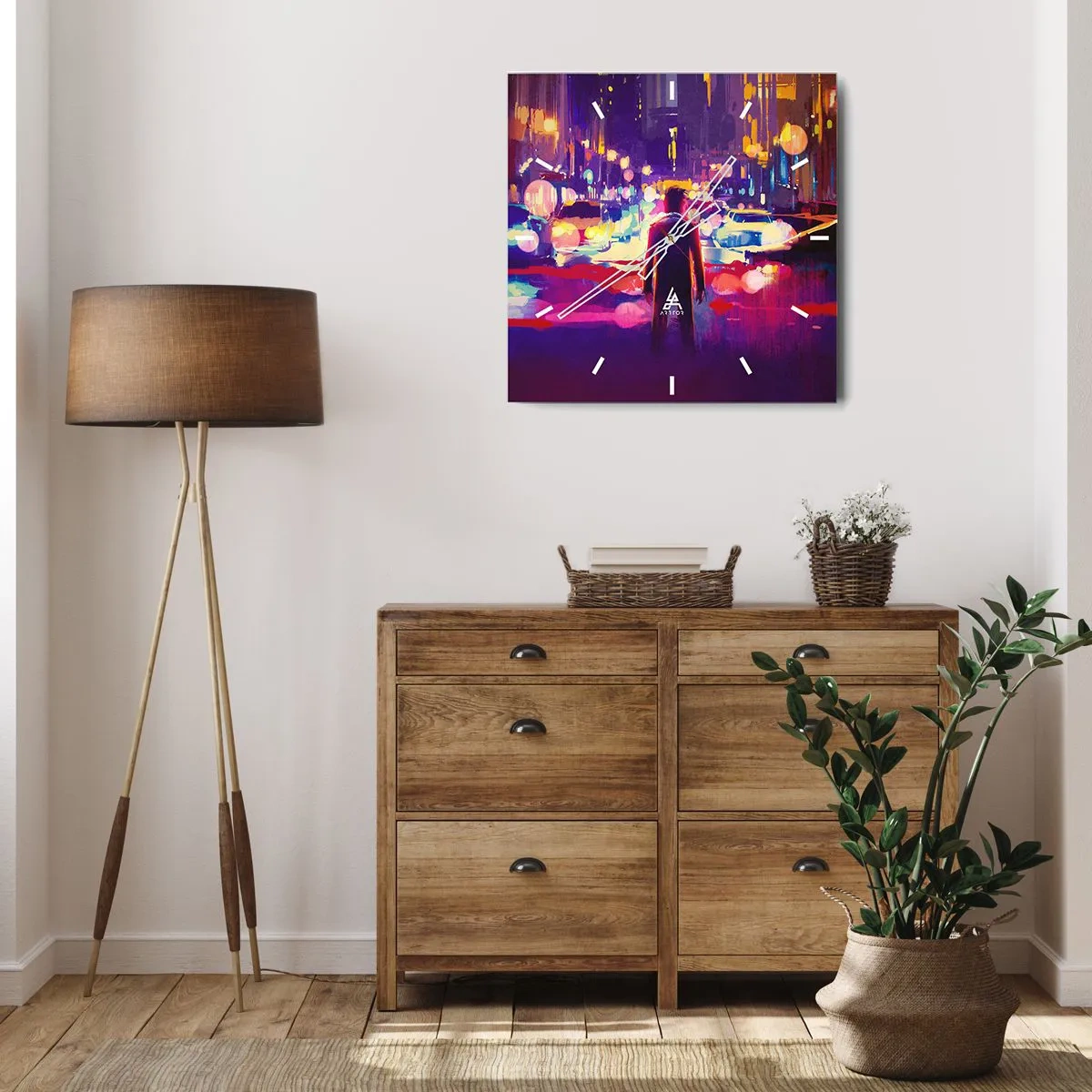 Zegar ścienny - Mężczyzna w neonowej scenerii miejskiej nocy - 30x30cm - Zanurzony w świetle - Nowoczesna dekoracja ścienna do salonu i sypialni ARTTOR