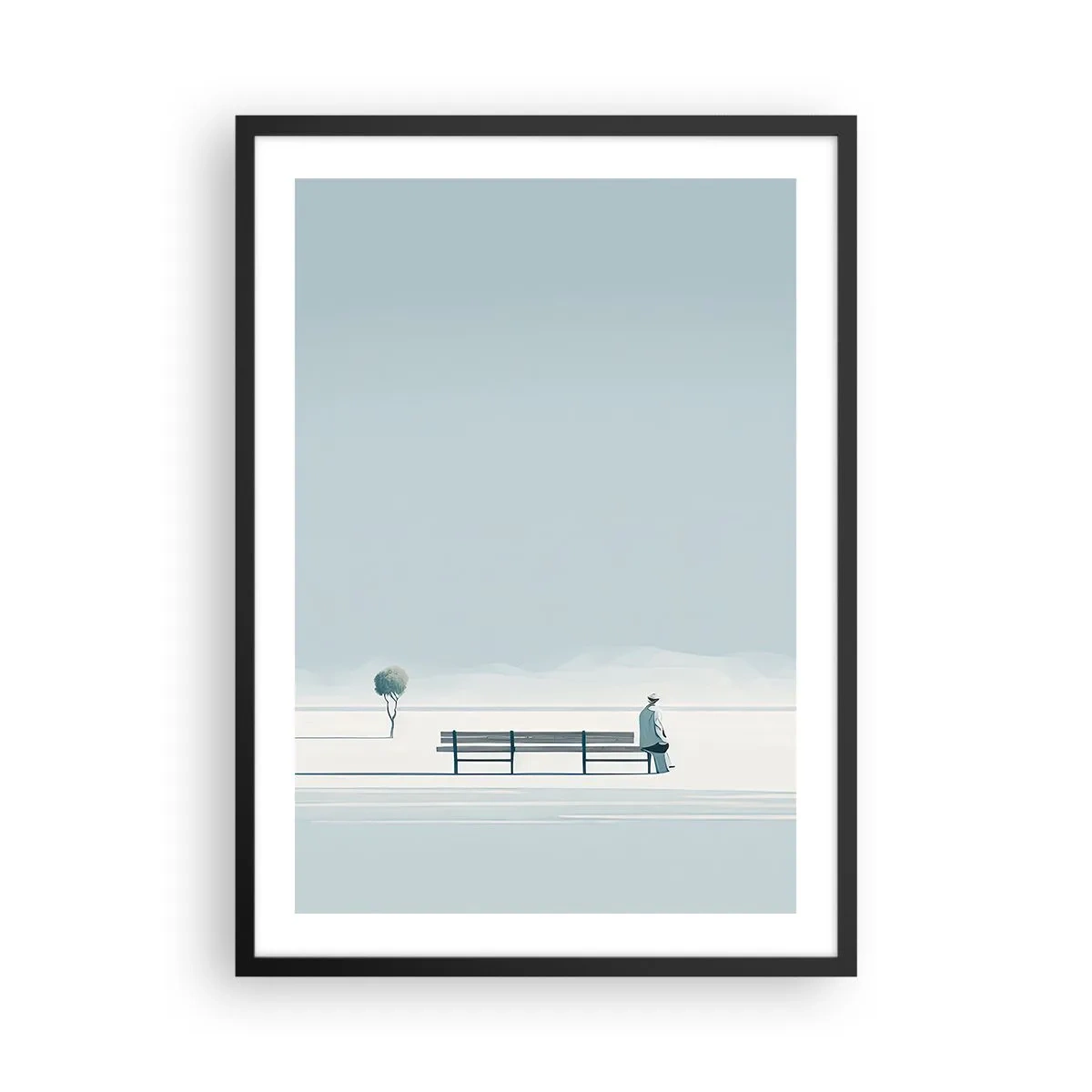 Plakat w czarnej ramie - Osoba siedząca na ławce w minimalistycznym, spokojnym krajobrazie - 50x70cm - Tak, czekam. - Nowoczesna dekoracja ścienna do salonu i sypialni ARTTOR