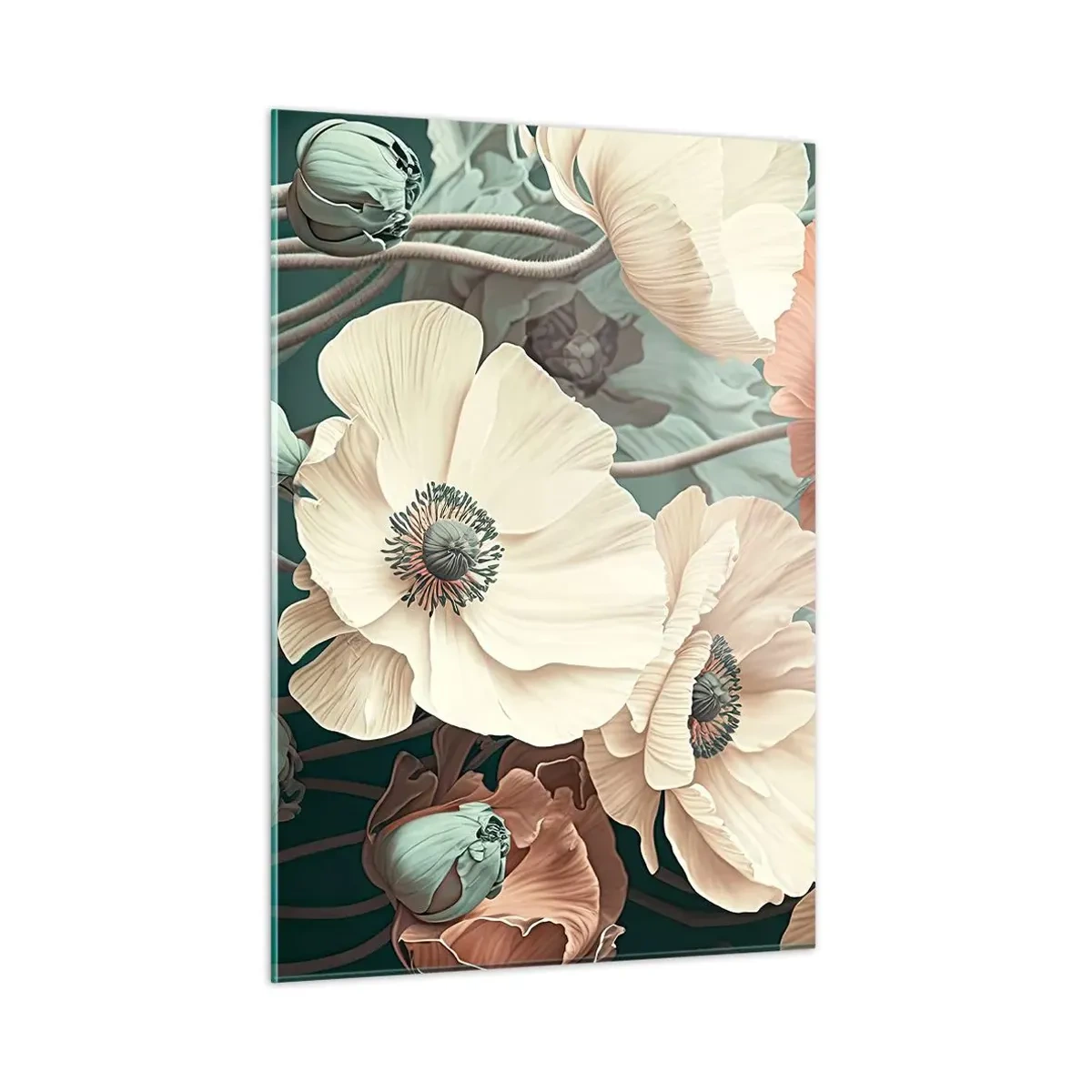Obraz na szkle - Delikatne kremowe i łososiowe maki na ciemnym tle - 50x70cm - Szept maków - Nowoczesna dekoracja ścienna do salonu, kuchni i sypialni ARTTOR