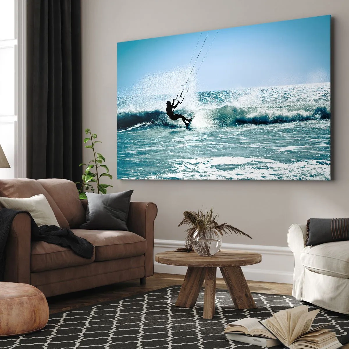 Obraz na płótnie - Kitesurfer na fali w pełnym słońcu - 70x50cm - Daj się ponieść - Nowoczesna dekoracja ścienna do salonu i sypialni ARTTOR