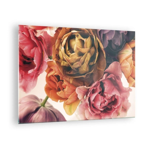 Obraz na szkle - Bukiet wielobarwnych kwiatów w zbliżeniu - 70x50cm - Święto życia - Nowoczesna dekoracja ścienna do salonu i sypialni ARTTOR