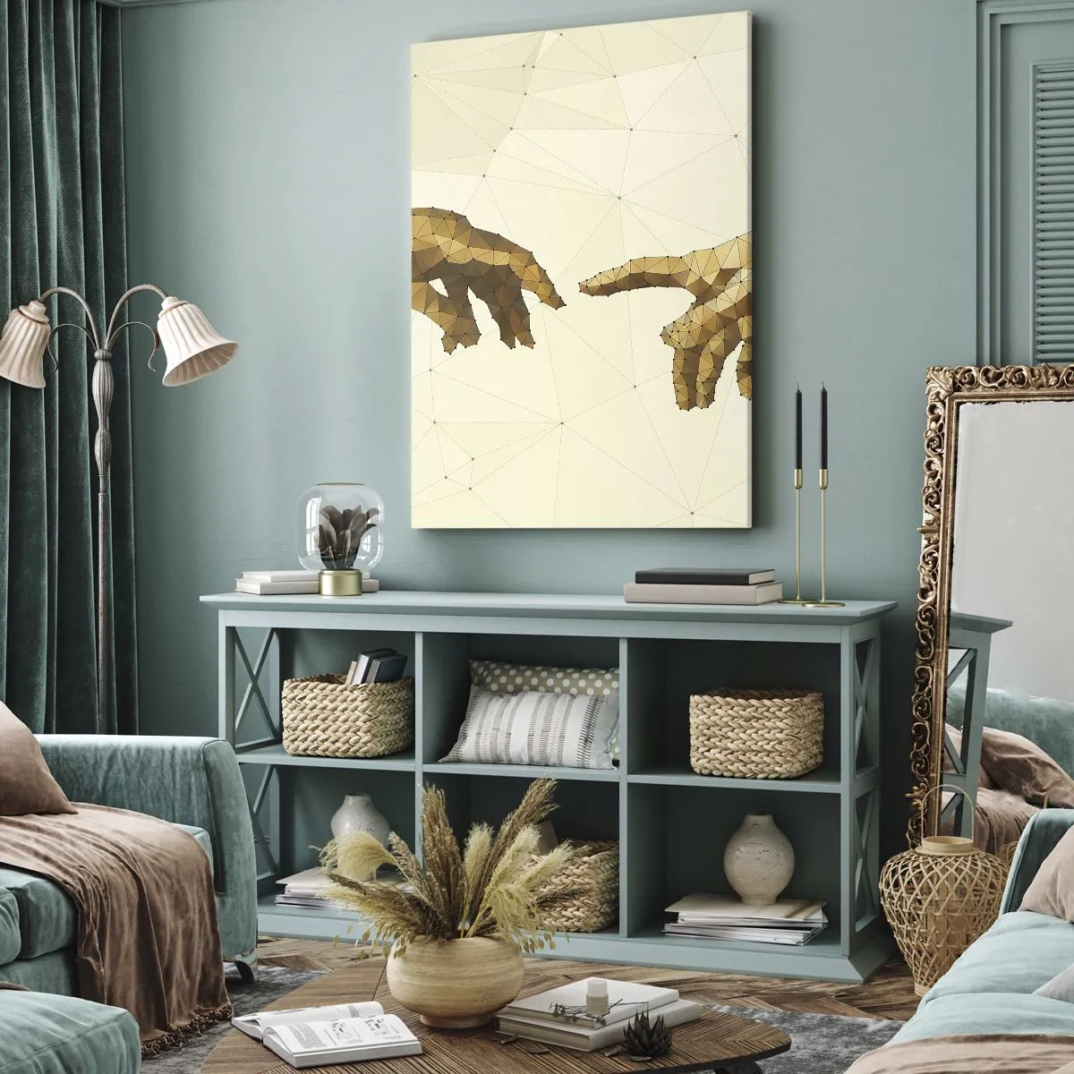 Obraz na płótnie - Geometryczne dłonie wyciągające się ku sobie na jasnym tle - 80x120cm - Boska geometria - Nowoczesna dekoracja ścienna do salonu i sypialni ARTTOR