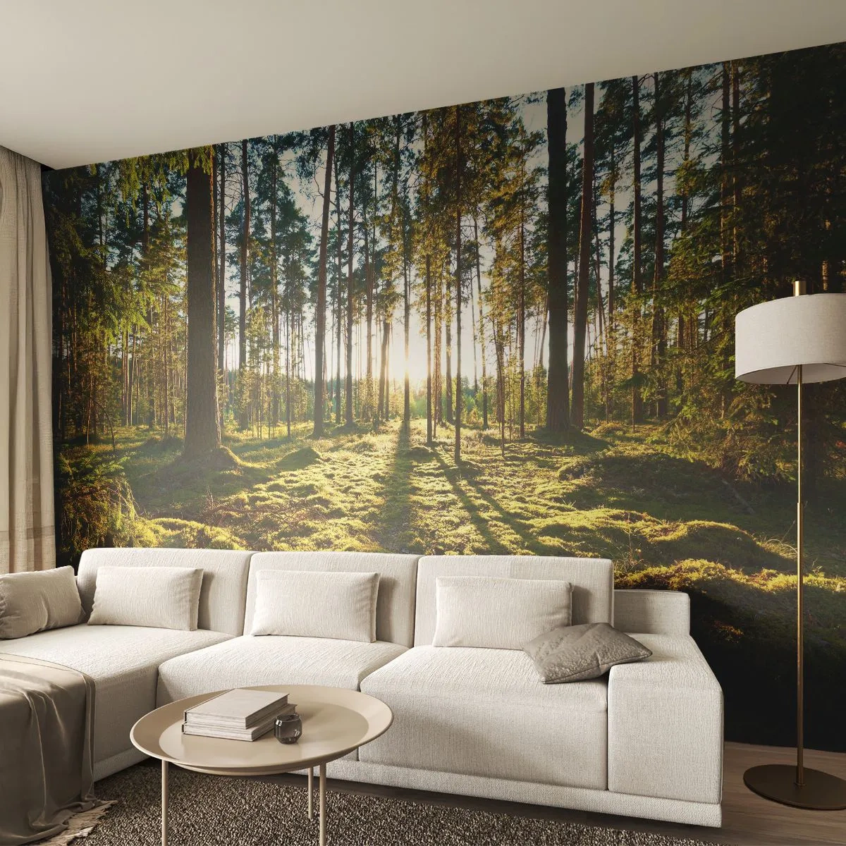 Fototapeta Premium Sand - Słoneczny las z zielonym mchem i długimi cieniami drzew - 100x70cm - …Za siedmioma lasami - Nowoczesna dekoracja ścienna do salonu, kuchni i sypialni ARTTOR