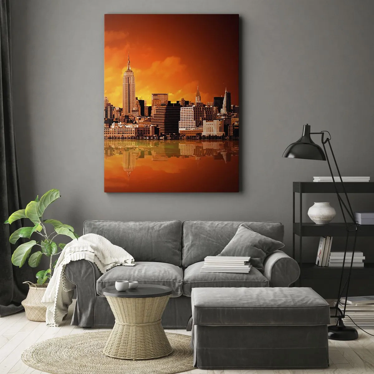 Obraz na płótnie - Panorama miasta o zachodzie słońca z odbiciem budynków w wodzie - 80x120cm - Panorama wielkomiejska w żólci i brązie - Nowoczesna dekoracja ścienna do salonu i sypialni ARTTOR