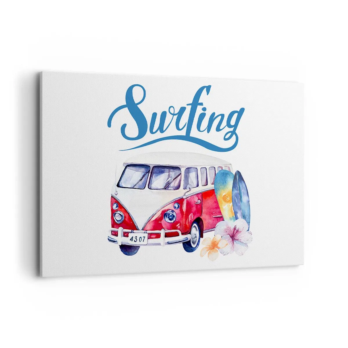 Obraz na płótnie - Kolorowa grafika z busem i motywem surfingu - 100x70cm - Ogórek - klasyk dla surfera - Nowoczesna dekoracja ścienna do salonu, kuchni i sypialni ARTTOR