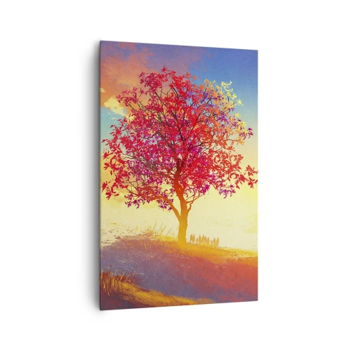 Obraz na płótnie - Postać na wzgórzu obok kolorowego drzewa w świetle zachodzącego słońca - 80x120cm - Pielgrzym u celu - Nowoczesna dekoracja ścienna do salonu i sypialni ARTTOR