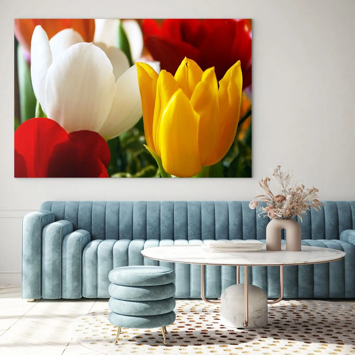 Obraz na szkle - Kolorowe tulipany w zbliżeniu - 70x50cm - Tulipanowa gorączka - Nowoczesna dekoracja ścienna do salonu i sypialni ARTTOR