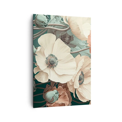 Obraz na płótnie - Eleganckie kwiaty w pastelowych odcieniach na zielonym tle - 70x100cm - Szept maków - Nowoczesna dekoracja ścienna do salonu i sypialni ARTTOR