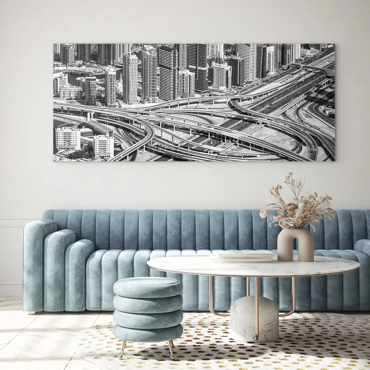 Obraz na szkle - Widok na Dubaj z perspektywy lotu ptaka - 120x50cm - Dubaj – miasto niemożliwe - Nowoczesna dekoracja ścienna do salonu i sypialni ARTTOR