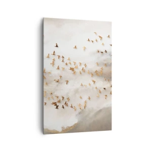 Obraz na płótnie - Złote ptaki na tle mglistych gór - 80x120cm - Już czas… - Nowoczesna dekoracja ścienna do salonu i sypialni ARTTOR
