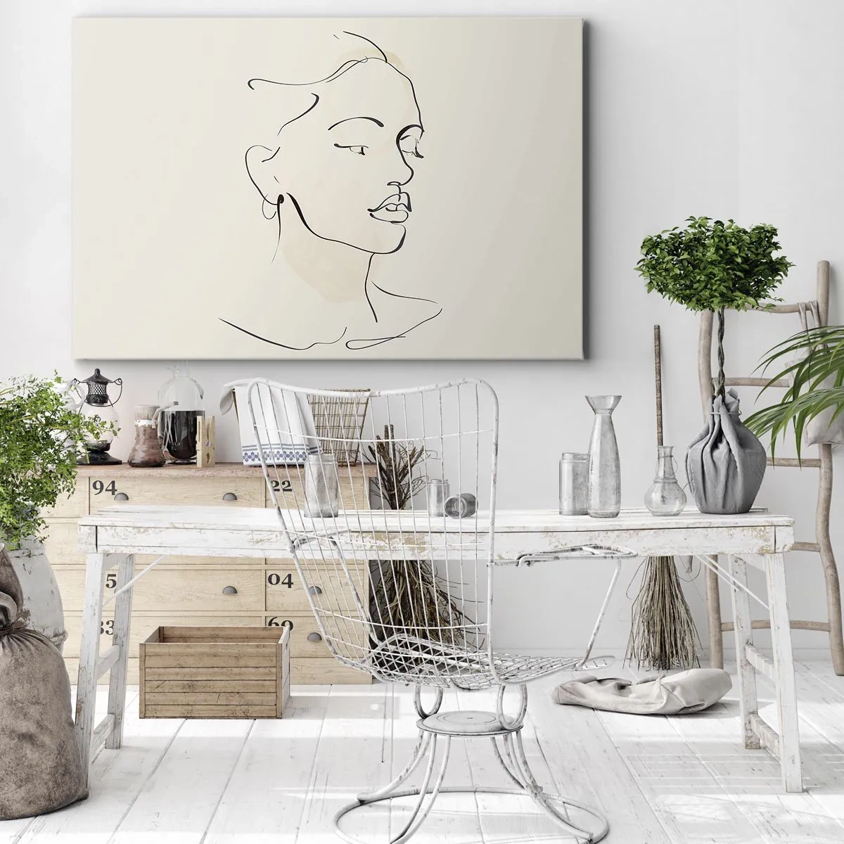 Obraz na płótnie - Delikatny szkic kobiecej twarzy na jasnym tle - 70x50cm - Pewną kreską - Nowoczesna dekoracja ścienna do salonu i sypialni ARTTOR