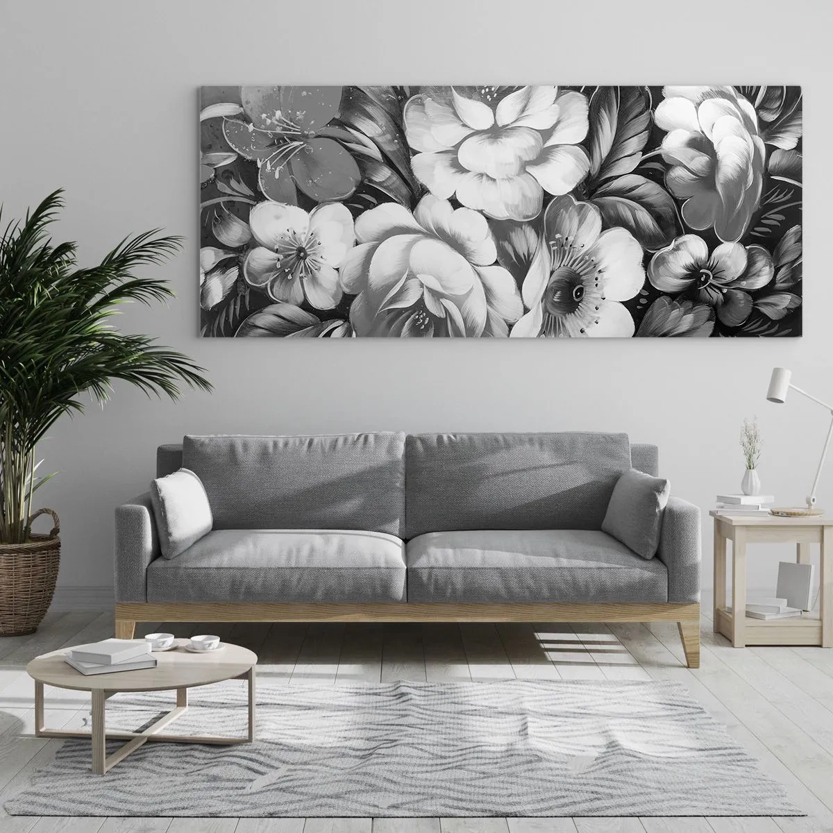 Obraz na szkle - Czarno-białe kwiaty w klasycznej i eleganckiej kompozycji - 120x50cm - Piękne nawet w szarości - Nowoczesna dekoracja ścienna do salonu i sypialni ARTTOR