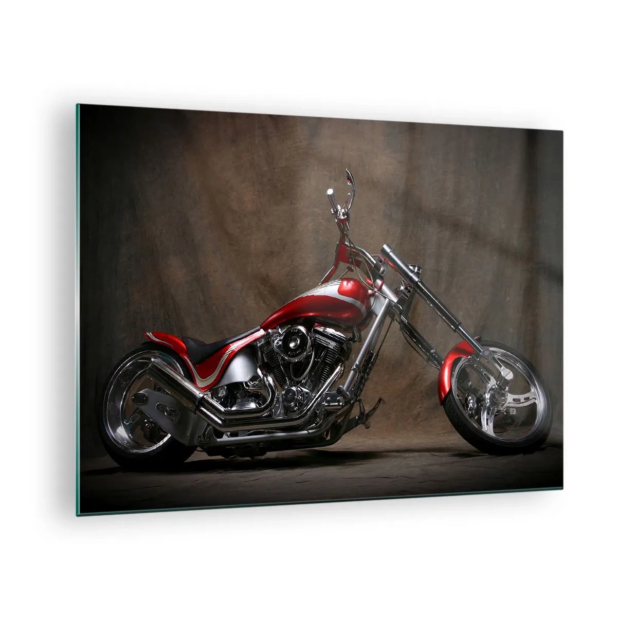 Obraz na szkle - Czerwony motocykl custom na ciemnym tle - 70x50cm - Czerwono-srebrna piękność - Nowoczesna dekoracja ścienna do salonu i sypialni ARTTOR