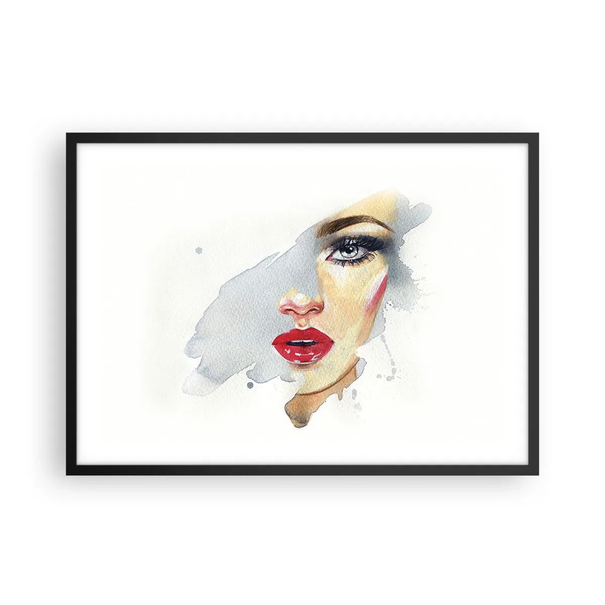 Plakat w czarnej ramie - Portret kobiety w akwarelowym stylu z intensywnym spojrzeniem - 70x50cm - Odbicie w kropli wody - Nowoczesna dekoracja ścienna do salonu i sypialni ARTTOR