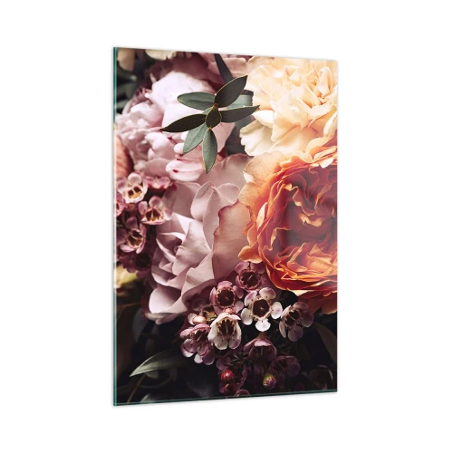 Obraz na szkle - Zbliżenie na kompozycję z róż, goździków i drobnych kwiatów - 50x70cm - Otulone pięknem - Nowoczesna dekoracja ścienna do salonu, kuchni i sypialni ARTTOR