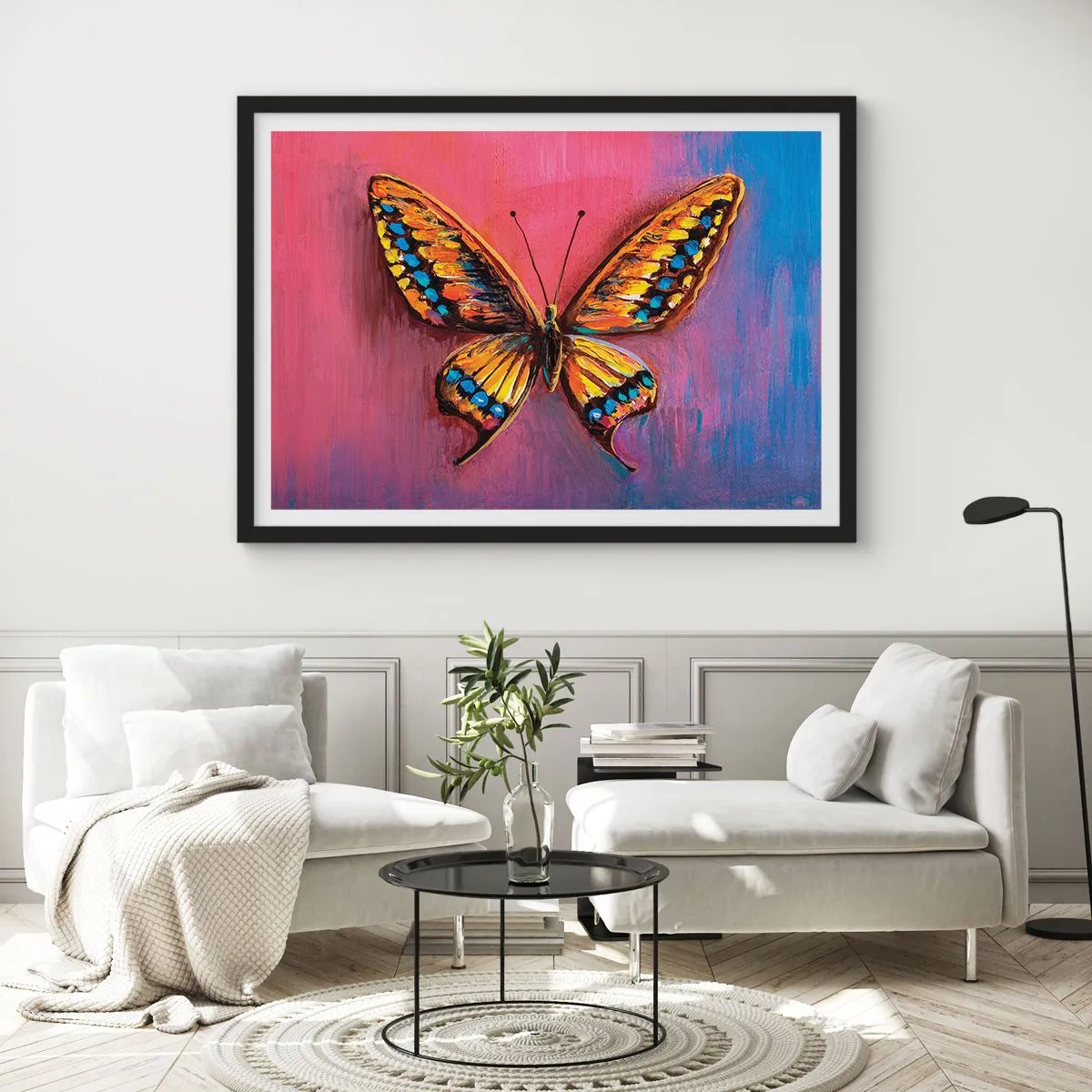 Plakat w czarnej ramie - Kolorowy motyl na abstrakcyjnym tle - 70x50cm - Klejnot natury - Nowoczesna dekoracja ścienna do salonu i sypialni ARTTOR