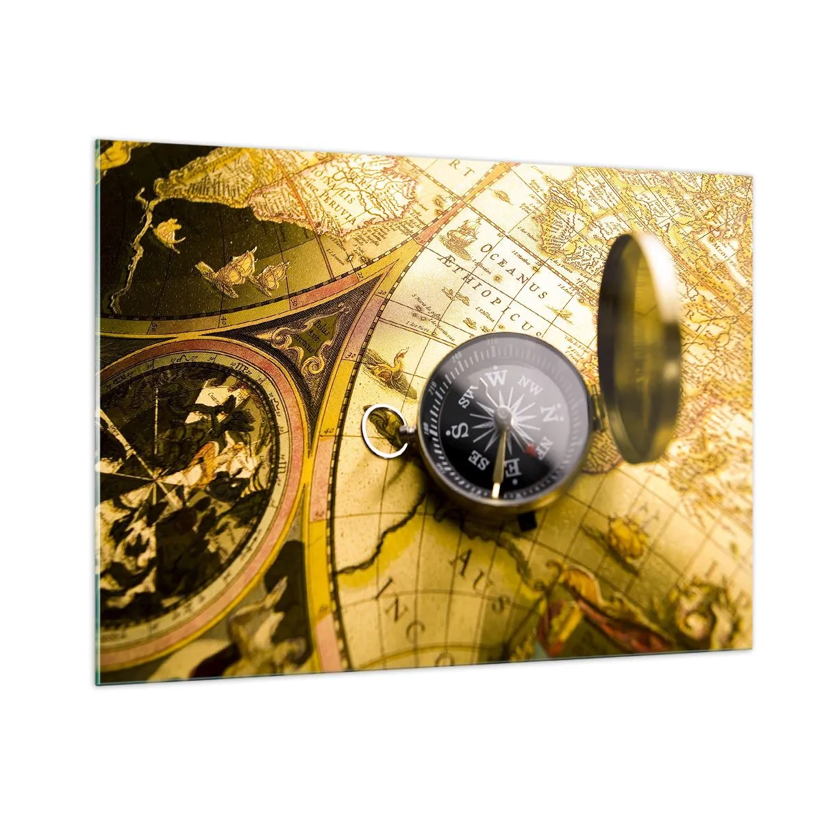 Obraz na szkle - Złota mapa z kompasem jako akcentem przygodowym - 100x70cm - A może na kraniec świata? - Nowoczesna dekoracja ścienna do salonu, kuchni i sypialni ARTTOR