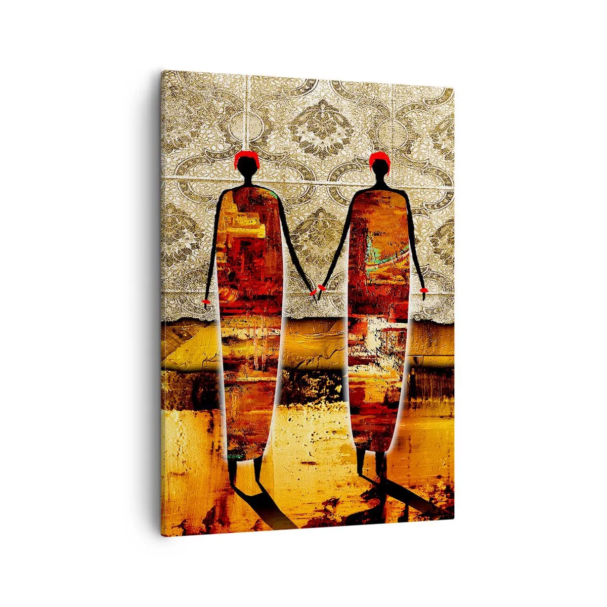 Obraz na płótnie - Abstrakcyjne postacie na tle ornamentu - 50x70cm - Kompozycja etniczna w kolorach Afryki - Nowoczesna dekoracja ścienna do salonu, kuchni i sypialni ARTTOR
