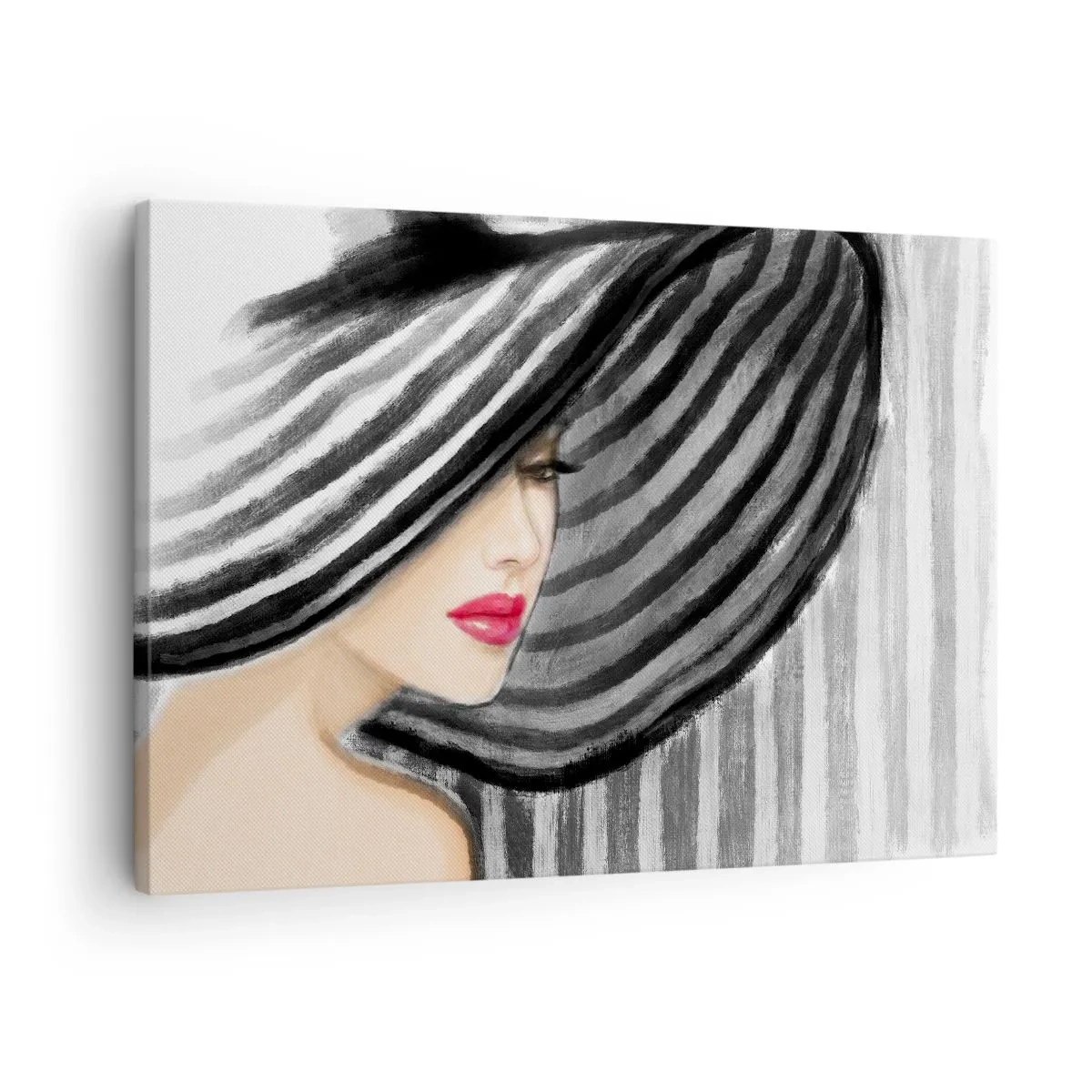 Obraz na płótnie - Kobieta w kapeluszu w czarno-białym stylu z czerwonym akcentem - 70x50cm - Gdzie ciebie szukać? - Nowoczesna dekoracja ścienna do salonu i sypialni ARTTOR