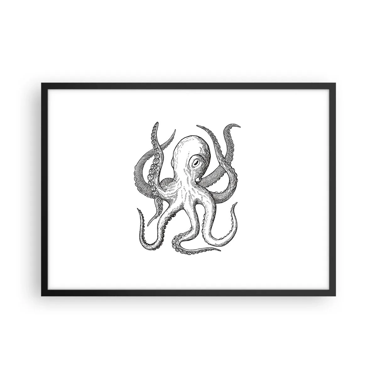 Plakat w czarnej ramie - Czarno-biały rysunek ośmiornicy na białym tle w stylu vintage - 70x50cm - Tańcząca z falami - Nowoczesna dekoracja ścienna do salonu i sypialni ARTTOR