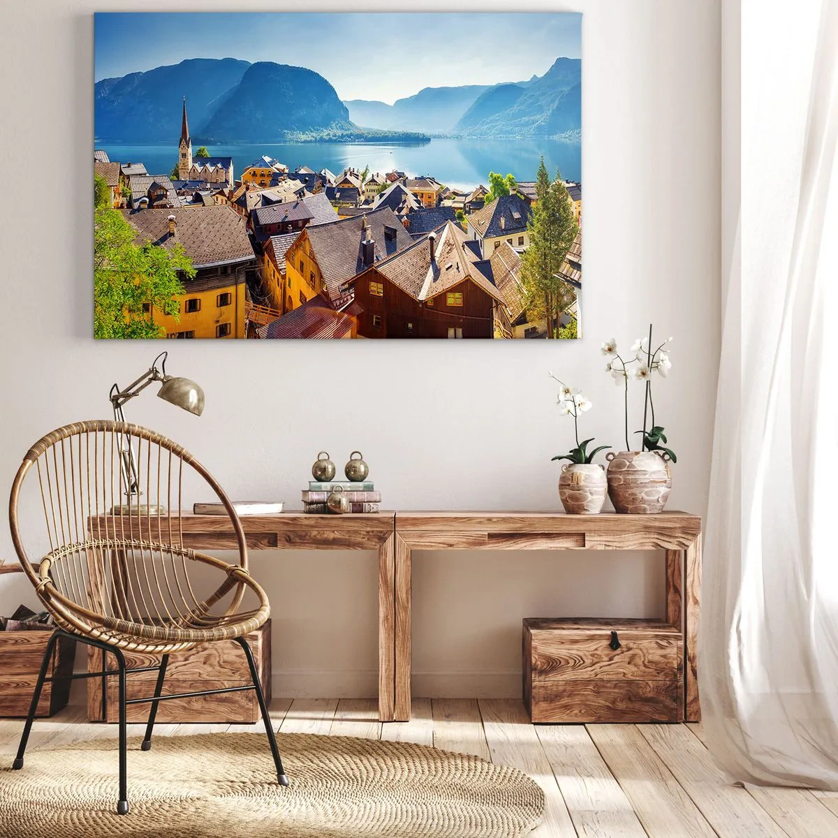 Obraz na płótnie - Malownicza wioska nad jeziorem otoczonym górami w słoneczny dzień - 70x50cm - Bardziej malowniczo się nie da - Nowoczesna dekoracja ścienna do salonu i sypialni ARTTOR