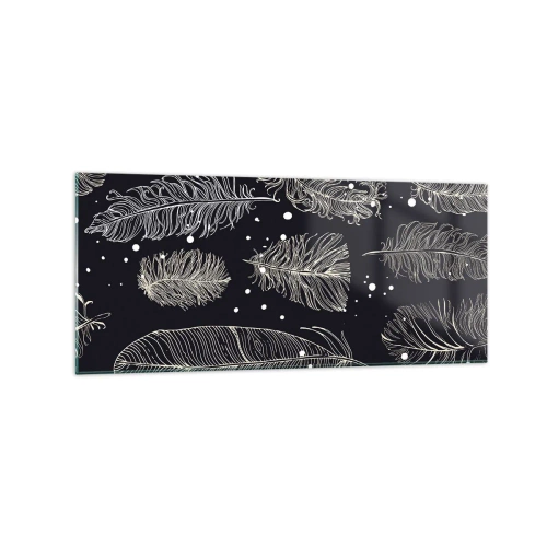 Obraz na szkle - Delikatne białe pióra na granatowym tle - 120x50cm - Pierzasta koronka - Nowoczesna dekoracja ścienna do salonu i sypialni ARTTOR