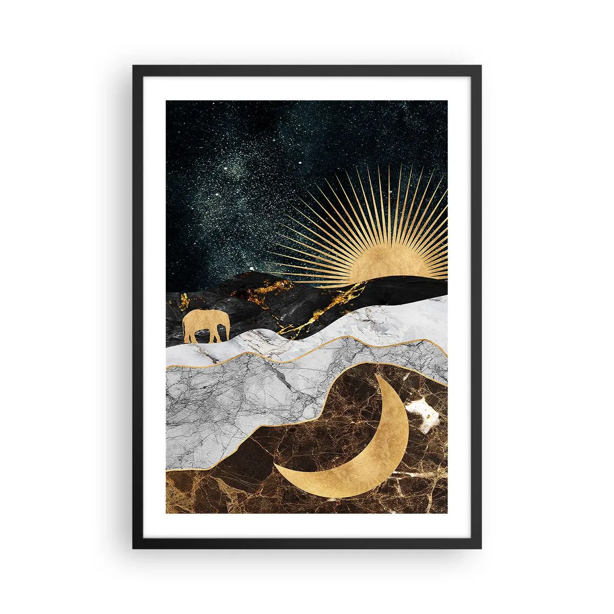 Plakat w czarnej ramie - Złoty krajobraz z księżycem, słońcem i sylwetką słonia - 50x70cm - Odwieczne prawa - Nowoczesna dekoracja ścienna do salonu i sypialni ARTTOR