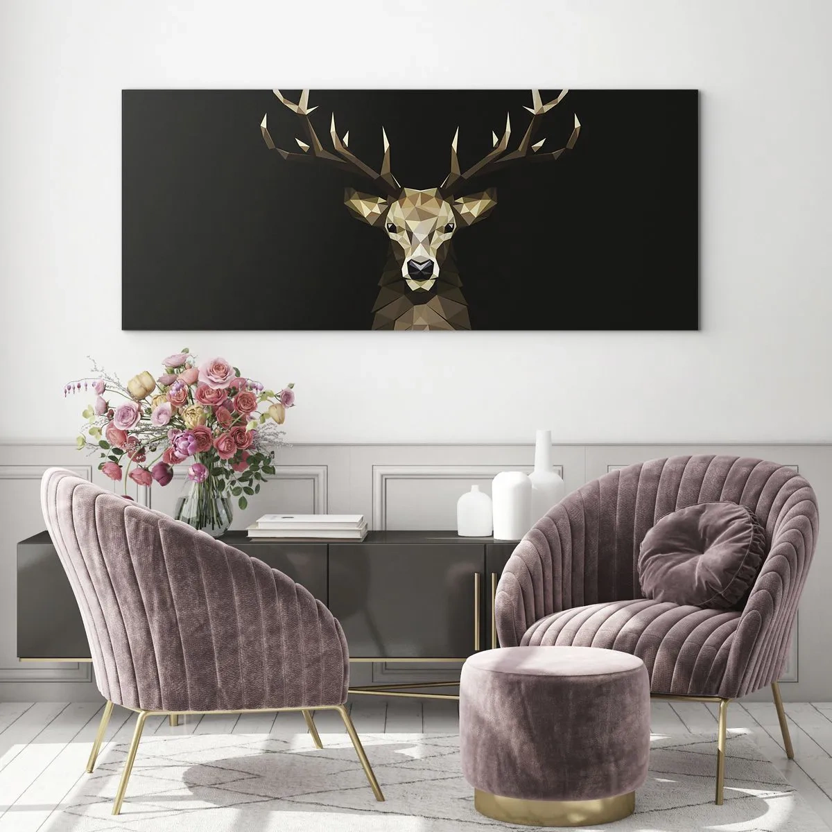 Obraz na szkle - Geometryczny jeleń z wielokątów na czarnym tle - 120x50cm - Kubistyczny jeleń - Nowoczesna dekoracja ścienna do salonu i sypialni ARTTOR