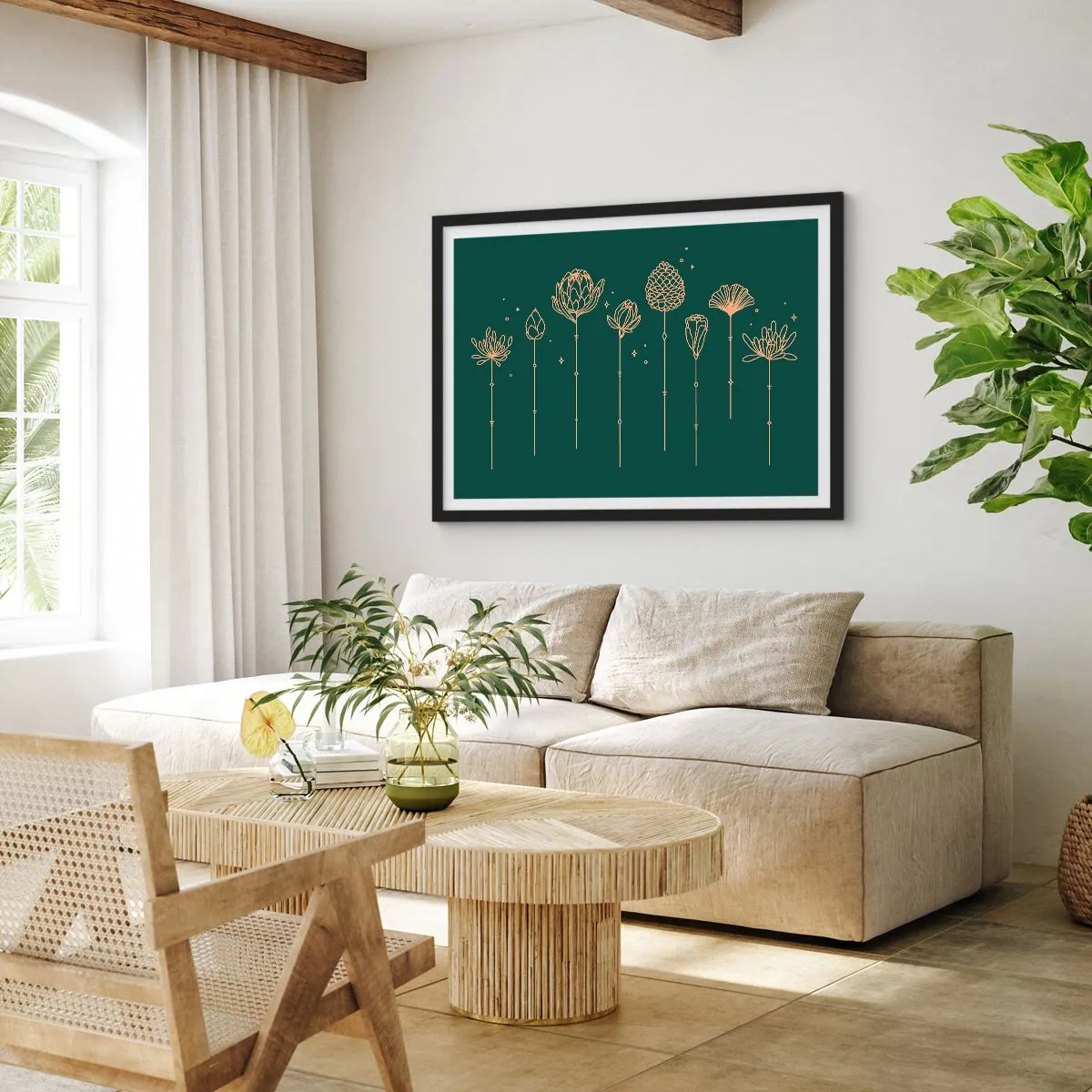Plakat w czarnej ramie - Złote rysunki ziół na tle ciemnozielonym - 70x50cm - Rodzina ZIÓŁkowskich - Nowoczesna dekoracja ścienna do salonu i sypialni ARTTOR
