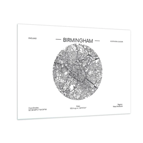 Obraz na szkle - Czarno-biała mapa Birmingham w nowoczesnym stylu graficznym - 70x50cm - Anatomia Birmingham - Nowoczesna dekoracja ścienna do salonu i sypialni ARTTOR