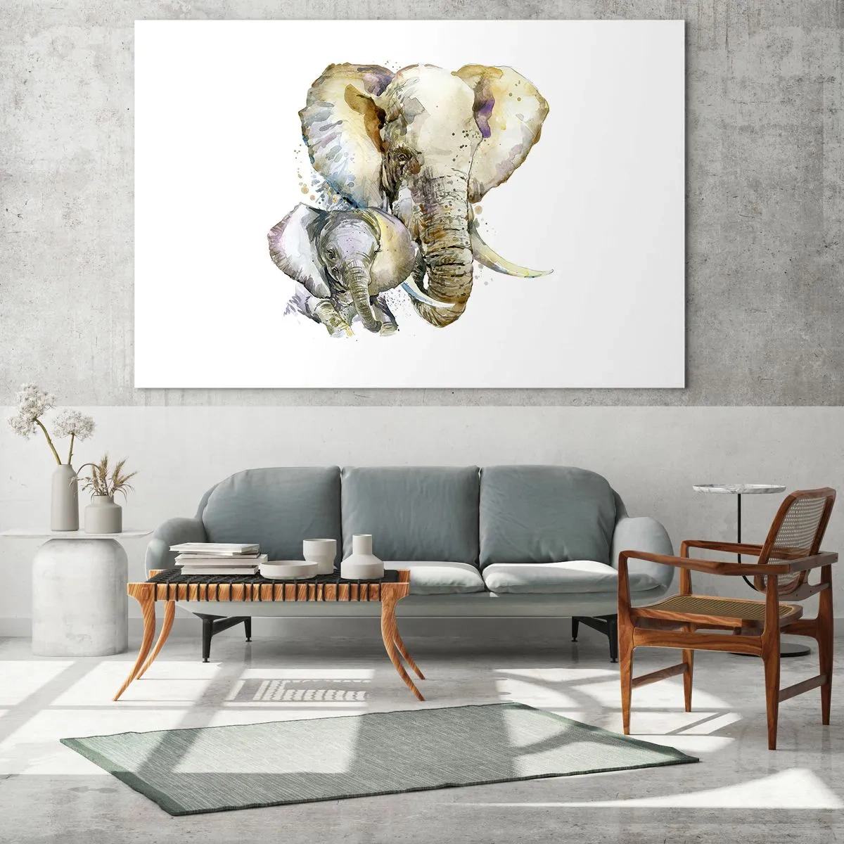 Obraz na szkle - Artystyczne słonie w akwarelowym stylu na białym tle - 120x80cm - Nie ma jak u mamy - Nowoczesna dekoracja ścienna do salonu, kuchni i sypialni ARTTOR