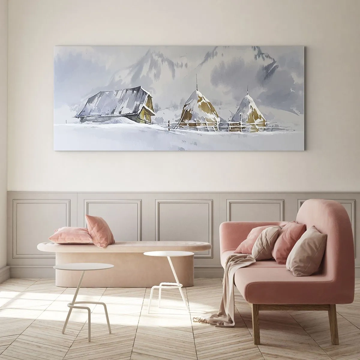 Obraz na szkle - Zimowy krajobraz z chatą i stogami siana w górach - 120x50cm - W śnieżnej kotlinie - Nowoczesna dekoracja ścienna do salonu i sypialni ARTTOR
