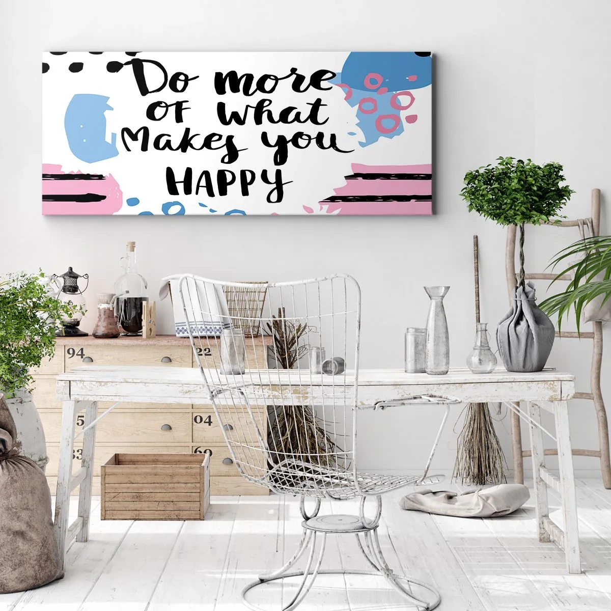Obraz na płótnie - Plakat z napisem 'Do more of what makes you happy' - 140x50cm - Jak być szczęśliwym - Nowoczesna dekoracja ścienna do salonu i sypialni ARTTOR