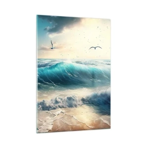Obraz na szkle - Fale rozbijające się o brzeg przy świetle poranka - 50x70cm - Szumi tylko dla ciebie - Nowoczesna dekoracja ścienna do salonu, kuchni i sypialni ARTTOR