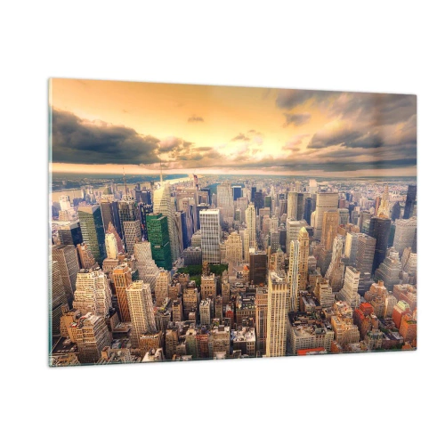 Obraz na szkle - Panorama miasta z wieżowcami o zachodzie słońca - 120x80cm - Wyzłocone metropolis - Nowoczesna dekoracja ścienna do salonu, kuchni i sypialni ARTTOR