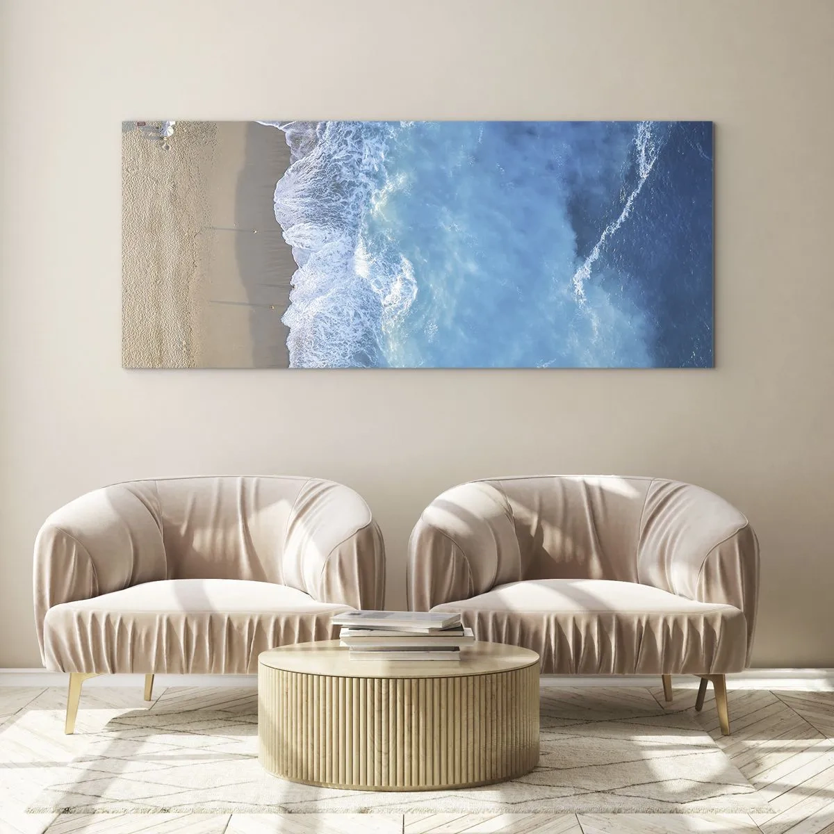 Obraz na szkle - Widok na plażę i fale morskie z lotu ptaka - 140x50cm - Siła błękitu - Nowoczesna dekoracja ścienna do salonu i sypialni ARTTOR