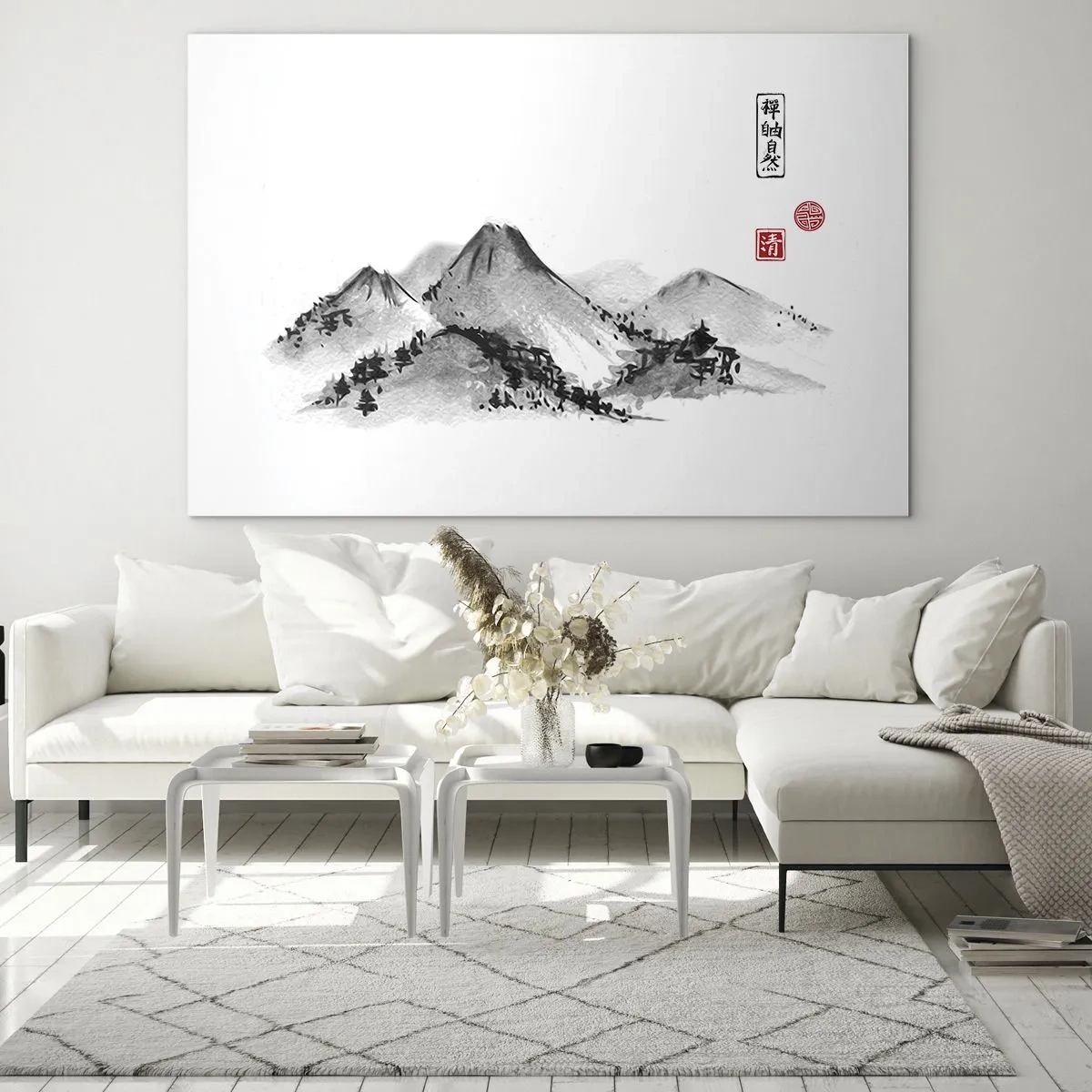 Obraz na szkle - Minimalistyczny pejzaż gór w stylu orientalnym - 120x80cm - Za dalą dal - Nowoczesna dekoracja ścienna do salonu, kuchni i sypialni ARTTOR