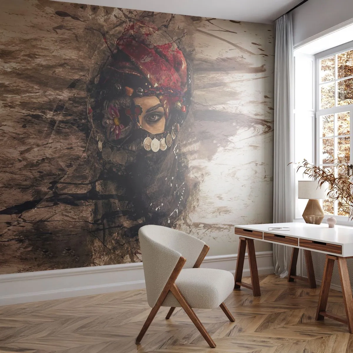 Fototapeta Premium Sand - Tajemnicza kobieta w orientalnym stroju - 100x70cm - Co najmniej niepokojąca - Nowoczesna dekoracja ścienna do salonu, kuchni i sypialni ARTTOR