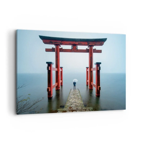 Obraz na płótnie - Brama torii nad spokojnym jeziorem w Japonii - 100x70cm - Japońska zaduma - Nowoczesna dekoracja ścienna do salonu, kuchni i sypialni ARTTOR