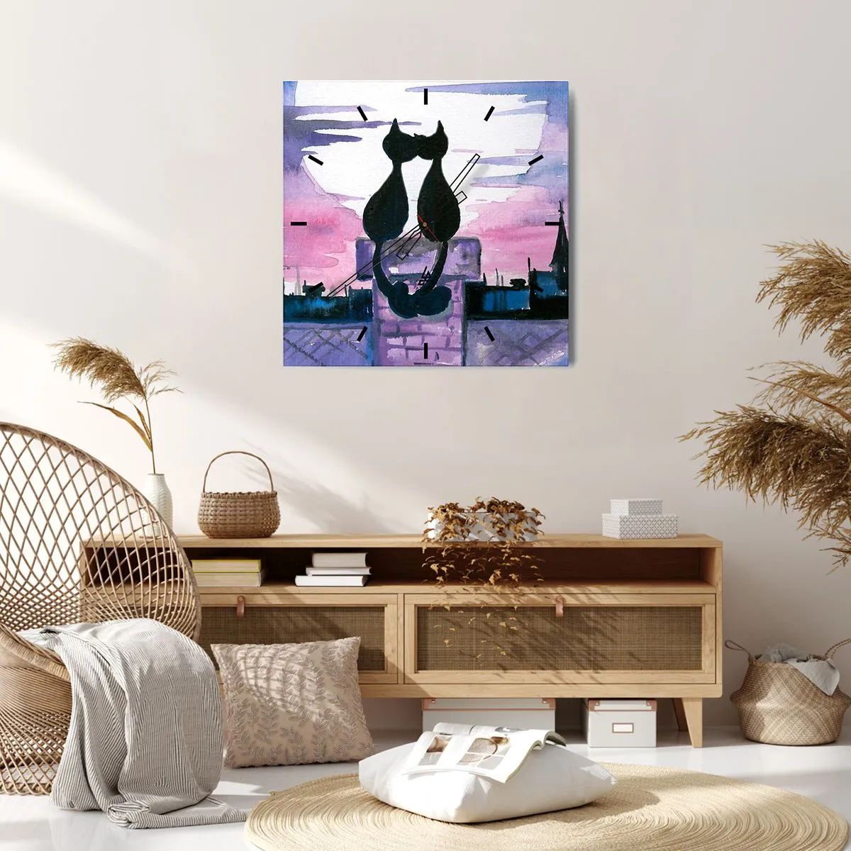 Zegar ścienny - Czarne koty na dachu w świetle księżyca w akwarelowej scenerii - 30x30cm - Rendez-vous pod księżycem - Nowoczesna dekoracja ścienna do salonu i sypialni ARTTOR